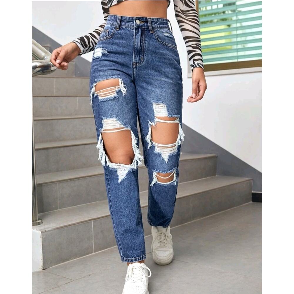 SHEIN EZwear High Waisted Straight Leg Ripped‎ Jeans Size 4